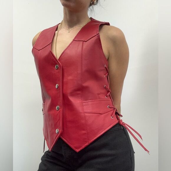 Vintage 90s Red Lace Up Leather Biker Vest Snap Front Size M - Picture 4 of 14